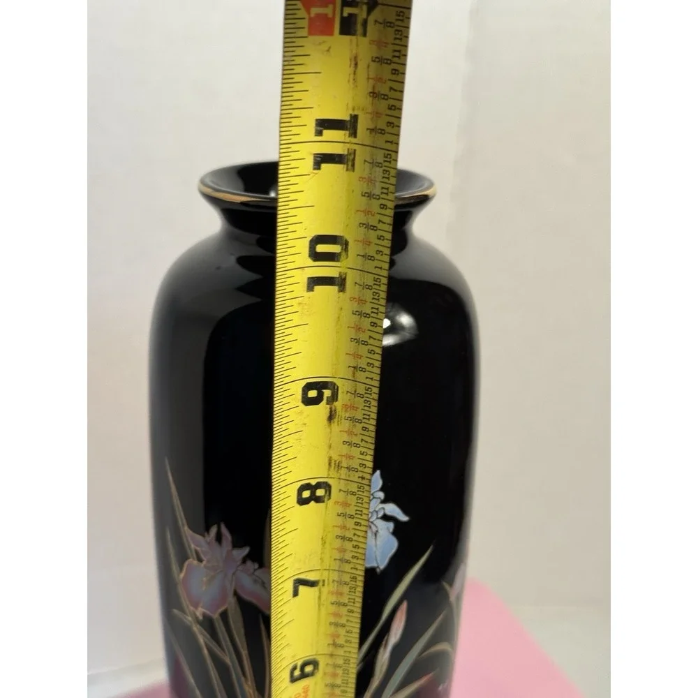 VTG Japanese  Vase Iris and Kingfisher Motif.  Black‎ Enamel Fast Shipping